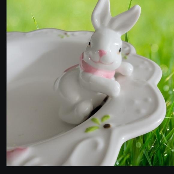 Other - Porcelain Bunny Trinket Dish Colored Accents With Glitter Eggs 7" Width